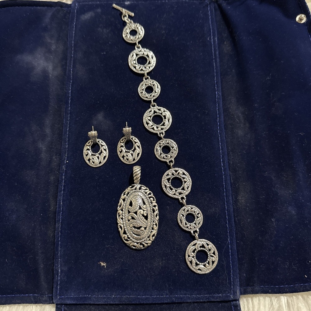 Carolyn Pollack 925 Relious Set Filigree Pendant Bracelet Earrings Signed EUC